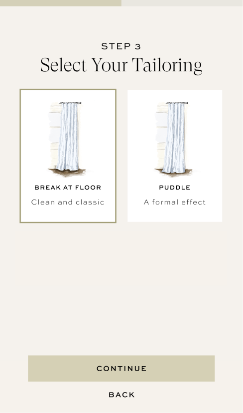 Screen asking user to pick their tailoring style