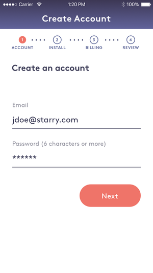 Visual design of Starry website sign up flow